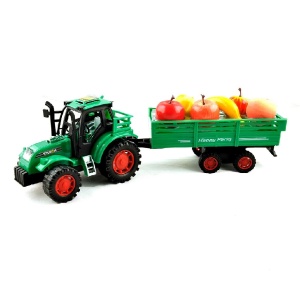 Tractor de jucarie, cu remorca si fructe, de fictioune, pentru copii 3 ani+, 33 cm lungime