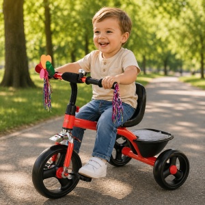 Tricicleta pentru copii 2 ani+, sa cu spatar, claxon si cos spate, Rosu - Img 2