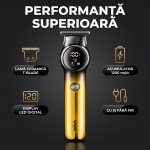 Aparat de contur Profesional VGR V-989, Lama Ceramica T-Blade, Display LED Digital, Autonomie 180 Minute, Auriu - Img 2
