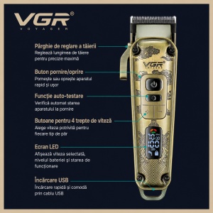 Aparat de tuns profesional VGR V-005, Autonomie 250 Minute, Lama Ceramica, Display LED, USB, Auriu Vintage - Img 8