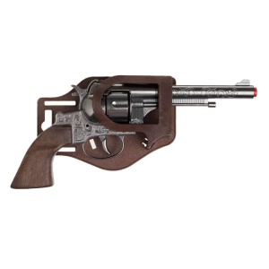 Arma realista Revolver cu capse, 12 gloante, din metal, lungime 18cm, gri-maro - Img 1