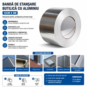Banda de etansare butilica cu aluminiu 15cm x 5m, Autoadeziva, Impermeabila, Rezistentă la UV si intemperii - Img 2