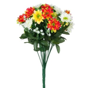 Buchet decorativ din flori artificiale cu frunze verzi, 46 cm, alb/galben/portocaliu - Img 2