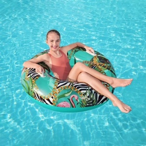 Colac Gonflabil cu Manere, Bestway, Model Lanturi, Frunze si Flamingo, Ø114cm, Turcoaz - Img 1