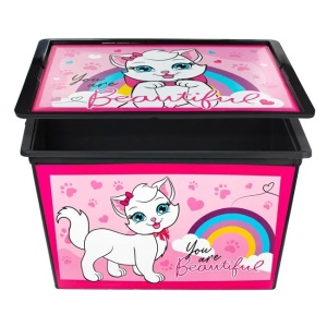Cutie pentru jucarii, cu capac si roti, cu pisica, dimensiuni 52.5x37x31cm, capacitate 50L, roz - Img 2