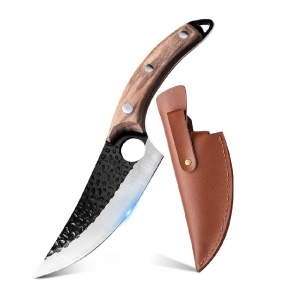 Cutit Japonez din Otel Inoxidabil, Forjat Manual, Husa Piele Ecologica, Maner Ergonomic din Lemn, Lama de 15cm, Maro - Img 1