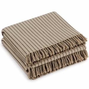 Cuvertura decorativa pentru canapea cu trei locuri, Model cu franjuri si dungi, Dimensiune 280x180 cm, Culoare Bej
