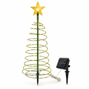 Decoratie solara cu LED, Model brad de Craciun cu stea, Inaltime 85cm, Lumina calda