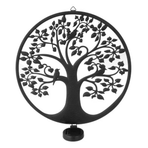 Decoratiune solara, din metal, model copac cu pasari, diametru 40cm, negru - Img 2