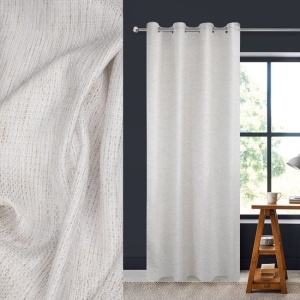Draperie decorativa, cu grad scazut de umbrire - lasa lumina sa treaca, model cu insertii de fir maro , cu inele, 140x260 cm, crem - Img 2