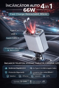Incarcator auto FastCharge 66W, 4 in 1, Cablu retractabil 80cm, Compatibil Iphone si Android - Img 2