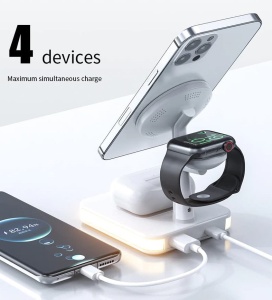 Incarcator wireless 4 in 1, 25W, compatibil cu iPhone, iWatch, Airpod Pro 2 3, cu mufa USB Type-C, lumina LED, Alb - Img 2