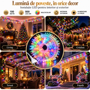 Instalatie de Craciun LED Tip Rola, 100m, 800 LED-uri, 8 Moduri de Iluminare, Interior/Exterior, Fir Transparent, Multicolor - Img 2