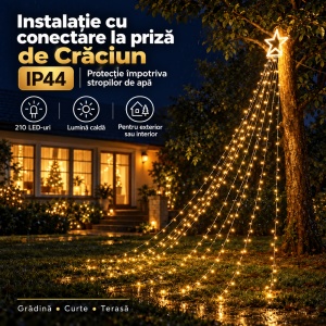 Instalație de Crăciun tip brad cu stea, 210 LED-uri, Lungime 2,5 m, Lumină caldă, rece sau multicoloră - Img 8