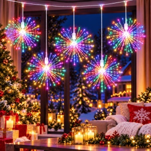 Instalatie LED cu 5 Artificii Decorative, Lungime 5m, 600 LED, 8 Moduri de Iluminare, Interior/Exterior, IP44, Alb Cald/Alb Rece/Multicolor - Img 7