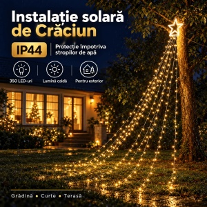 Instalație solară de Crăciun tip brad cu stea, 350 LED-uri, Lungime 3,5 m, Lumină caldă, rece sau multicoloră - Img 8