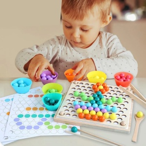 Joc educativ din lemn cu 89 piese, pentru copii 3 ani+, Montessori, 22x22 cm, multicolor - Img 3
