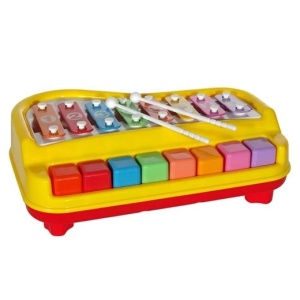 Jucarie 2 in 1 pentru bebelusi 18+ luni, Functie de xilofon cu clape si pian, 6 partituri muzicale, Bete, 8 taste