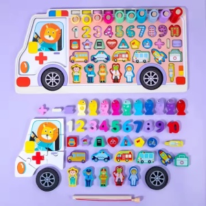 Jucarie educativa 6 in 1, logaritmica, in forma de masinuta cu multe accesorii, din lemn, pentru copii 3 ani+, 45x23 cm, multicolor - Img 1