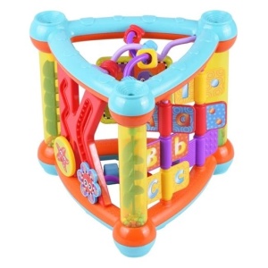 Jucarie educativa cu activitati copii 6+ luni, Forma de triunghi cu 5 laturi, Oglinda rotativa, Margele, Dezvolta abilitatile cognitive si motorii, Plastic, 19x19x20cm, Multicolor - Img 1