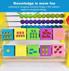 Jucarie Educativa din Lemn, cu Numaratoare, Cuburi, Labirint cu Bile, 3 in 1, Montessori, 21x15x21 cm, Galben - Img 6