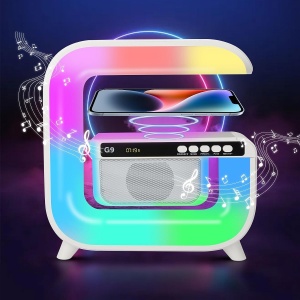 Lampa Smart LED RGB cu difuzor Bluetooth, Incarcare Wireless 15 W pentru Mobil, Ceas, Lumina Ambientala, Alarma, Alb - Img 1