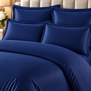 Lenjerie de pat Damasc Premium Uni, 6 piese, 2 persoane, Cearsaf 220×240, Husa pilota 200×230, 4 fete de perna,Culoare Bleumarin