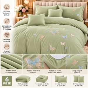 Lenjerie de Pat Matrimonială din Bumbac Satinat, 6 Piese, Cearșaf cu Elastic, Broderie Fluturi,Culoare Verde salvie - Img 2
