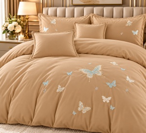 Lenjerie de Pat Matrimonială din Bumbac Satinat, 6 Piese, Cearșaf cu Elastic, Broderie Fluturi, Culoare Bej camel