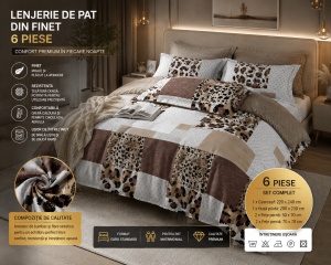 Lenjerie de Pat Matrimoniala din Finet, Set 6 Piese, Husa Pilota 200x230 cm, Cearceaf 220x240 cm, 4 Fete de Perna 50x70 si 70x70 cm - Img 2