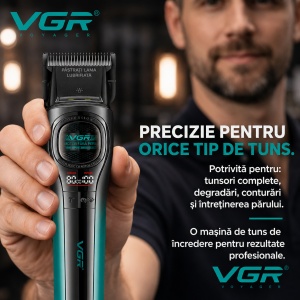 Masina de tuns profesionala VGR V-888C, Motor 7000/8000 RPM, Acumulator 2500 mAh, Display LED, 6 Piepteni Inclusi - Img 9