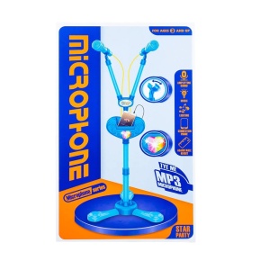 Microfon Dublu pentru Karaoke, cu Baterii si Suport, pentru Copii de 3 ani+, Albastru/Roz, 96 cm Inaltime - Img 3