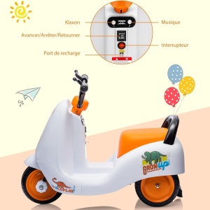 Motocicleta electrica cu 3 roti, pentru copii 2 ani+, baterie 6V4AH+1, 5km/h, plastic, cu difuzor, 50x43x68 cm, galben-portocaliu/alb-portocaliu - Img 12