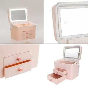 Oglinda Machiaj cu 42 de Becuri LED, Portfard cu Compartimente, 30x20x24.5cm, alb/roz - Img 3
