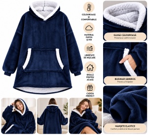 Patura Hanorac Oversize cu Gluga si Buzunar, Captuseala Pufoasa, Moale si Calduroasa, Unisex - Img 5