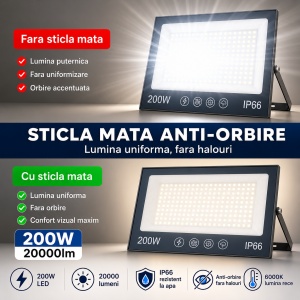 Proiector cu LED-uri de 200W, 20000LM, pentru exterior sau interior, IP66, din sticlă mată anti-orbire - Img 6