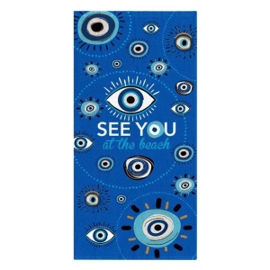 Prosop pentru plaja, Model cu Ochi "See you at the beach", din Bumbac, 150x75cm, Albastru