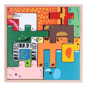 Puzzle 3D cu 13 figurine animale, de stivuire, pentru copii 3 ani+, din lemn, 19.6x19.6x1.5 cm, multicolor - Img 6
