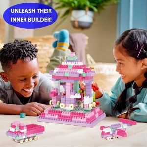 Set blocuri de construit cu 320 piese, pentru copii de 2 ani+, 24x21x18cm, Roz - Img 2
