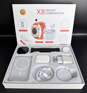 Set complet cu Smartwatch X8 de 2", casti in-ear wireless, incarcator, cabluri, baterie externa, 8 in 1, negru/portocaliu/alb-gri - Img 2