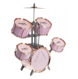 Set cu 5 tobe de jazz, un chimval metalic, 2 ciocane si un scaunel, pentru copii 3 ani+, verde/roz - Img 7