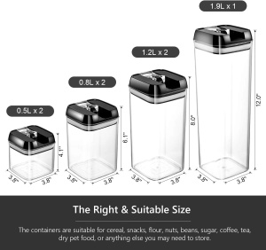 Set cu 7 cutii ermetice pentru alimente, design stivuibil, plastic, capac negru, recipient transparent - Img 7