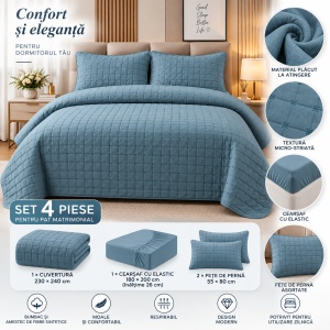Set Cuvertură Pat Matrimonial 4 Piese Bumbac, Cuvertură 230x240 cm, Cearșaf cu Elastic 180x200 cm, 2 Fețe de Pernă 55x80 cm,Culoare Albastru - Img 2