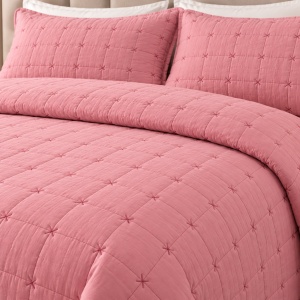 Set Cuvertură Pat Matrimonial 4 Piese Bumbac, Cuvertură 230x240 cm, Cearșaf cu Elastic 180x200cm, 2 Fețe de Pernă 55x80cm,Culoare Roz Pudrat - Img 2