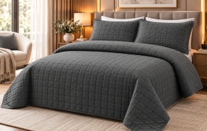 Set Cuvertură Pat Matrimonial 4 Piese Bumbac, Cuvertură 230x240 cm, Cearșaf cu Elastic 180x200 cm, 2 Fețe de Pernă 55x80 cm,Culoare Gri inchis