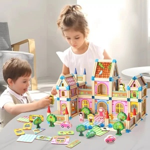 Set de constructie cu 278 de piese din lemn natural si plastic pentru copii - Img 6