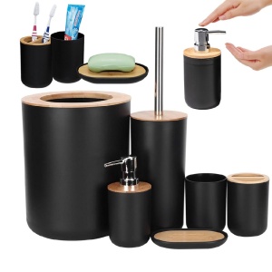 Set pentru baie 6 in 1, cu perie WC, cos gunoi, dispenser sapun, suport sapun si pahare periute dinti, plastic si bambus, negru - Img 5