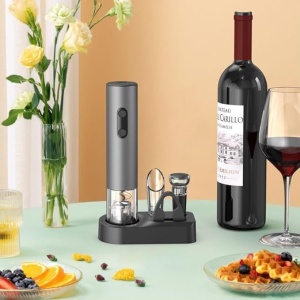 Set tirbuson electric cu suport 4 in 1 cu taietor de folie, dop de vid si aerator/varsator de vin, Calitate Premium - Img 2
