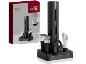 Set Tirbuson Electric cu Suport Welora®, 4 in 1 cu taietor de folie, dop de vid si aerator/varsator de vin, Desfacator Pentru Vin, Model 2023, Calitate Premium, Multifunctional, Negru - Img 1