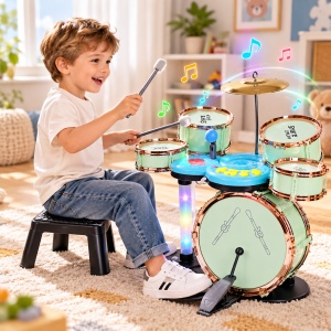 Set Tobe Jazz pentru Copii, 5 Tobe, 12 Moduri Muzicale, Lumini, Conectare Microfon și Căști, Volum Reglabil, Scăunel și Bețe, 3 Ani+, Roz/Verde - Img 7